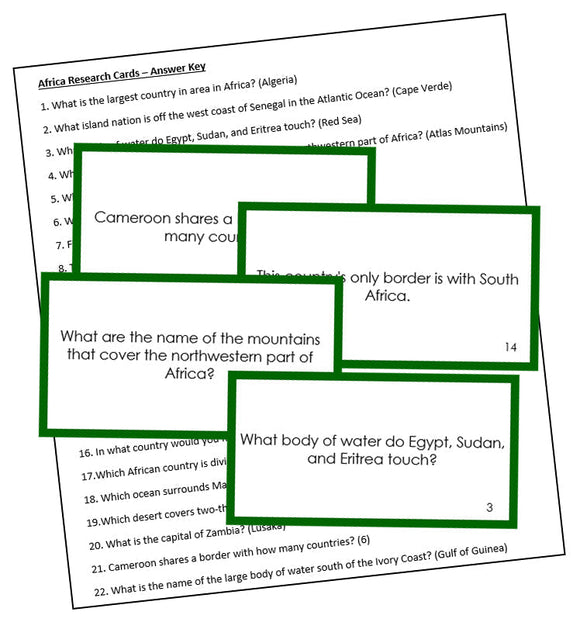 African Geography Research Cards (color borders) - Montessori Print Shop Digital Download