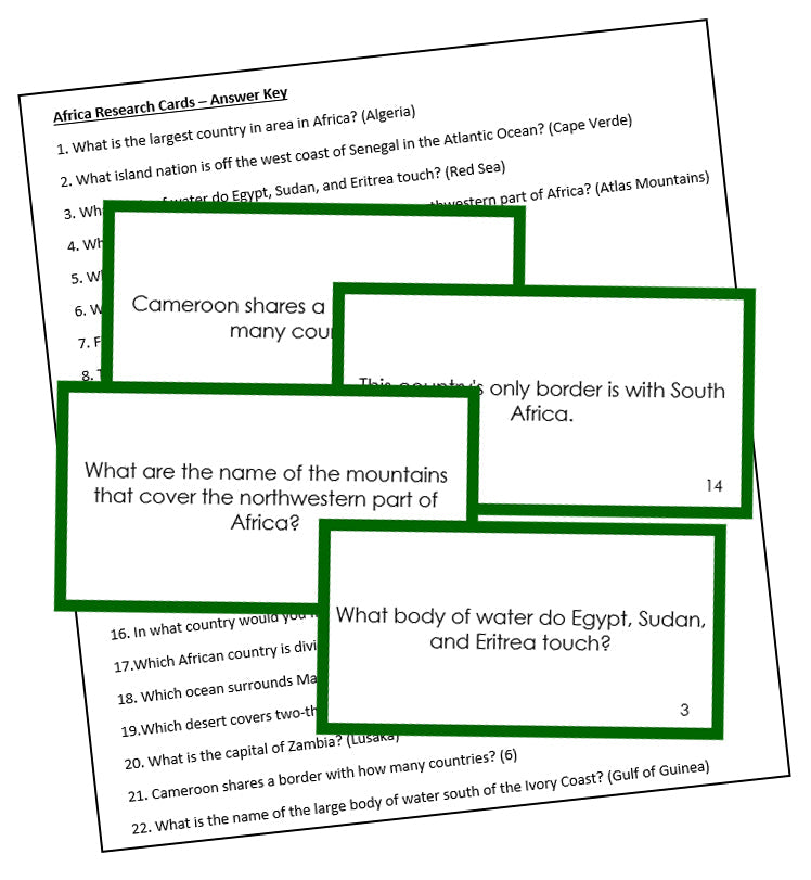 African Geography Research Cards (color borders) - Montessori Print Shop Digital Download