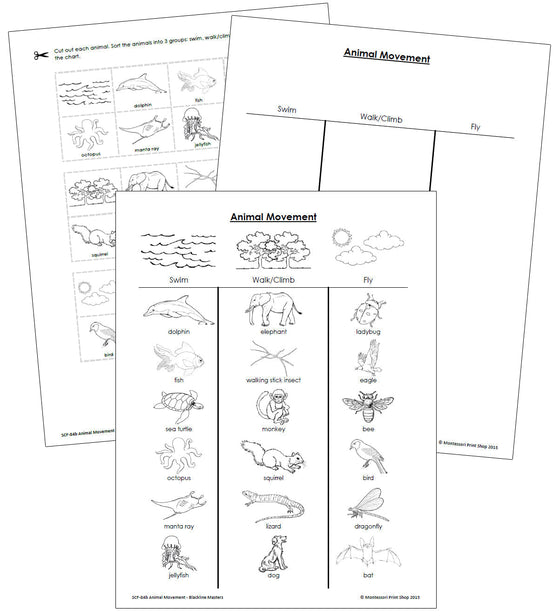 Animal Movement: Swim, Walk, Fly - Blackline masters - Montessori Print Shop