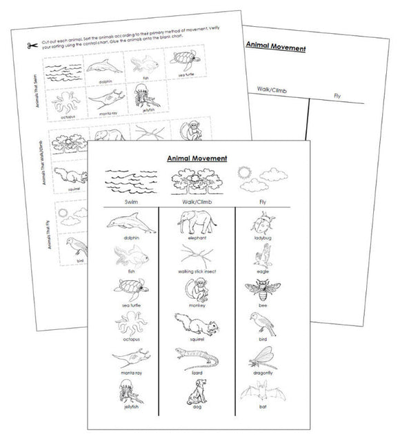 Animal Movement (Swim, Walk, Fly) Sorting Cut & Paste Montessori Print Shop Digital Download