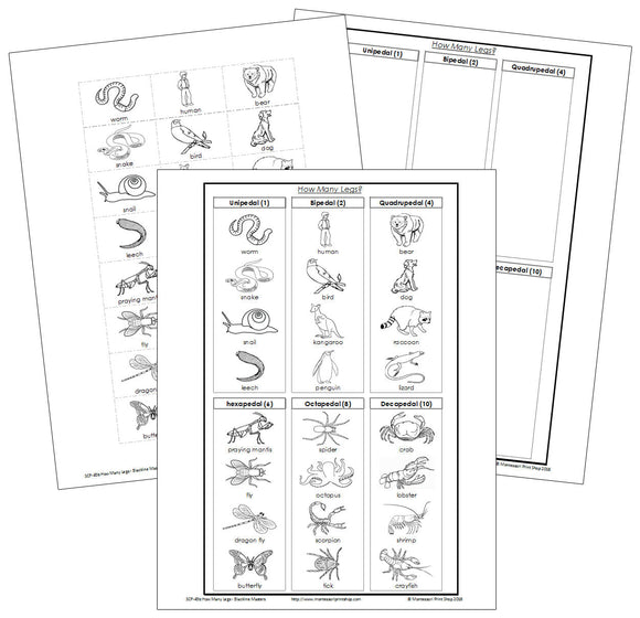 Animals: How Many Legs? (Blackline masters) - Montessori Print Shop