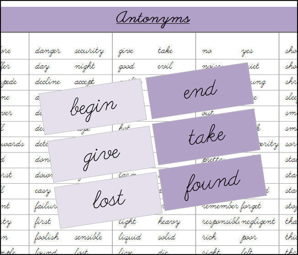Antonyms (color, cursive) - Montessori Print Shop Digital Download Grammar Primary Lesson