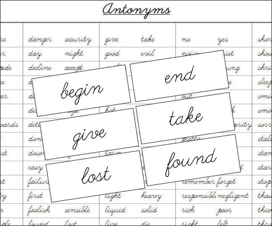 Antonyms (cursive) - Montessori Print Shop Grammar Lesson