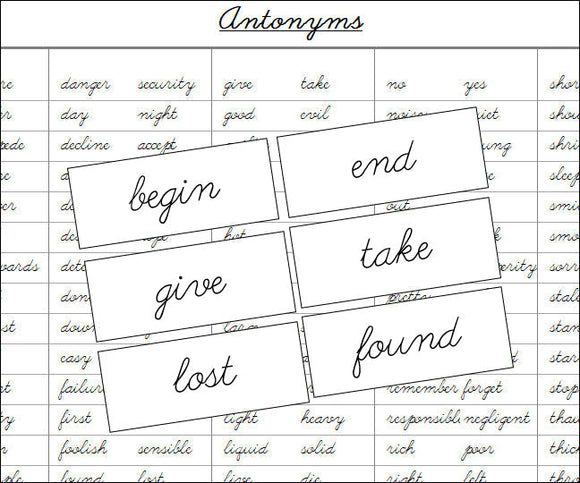 Antonyms (cursive) - Montessori Print Shop Grammar Lesson