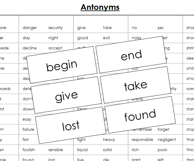 Antonyms Matching Cards - Montessori Print Shop Digital Download Grammar lessons