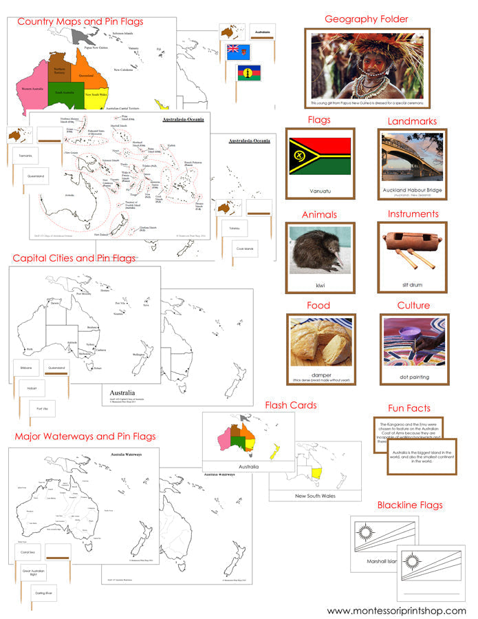 Australia/Oceania Geography Deluxe Continent Bundle - Montessori Print Shop Digital Download Geography Cards