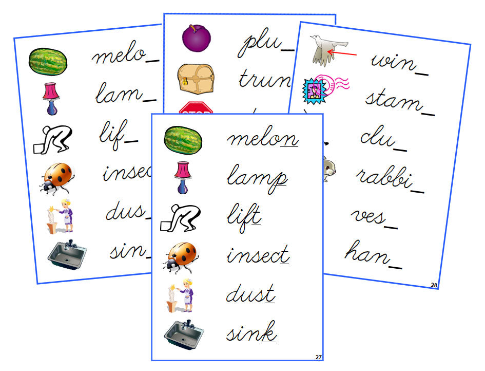 Montessori Blue Ending Sound Cards - CURSIVE - Montessori Print Shop phonics lesson