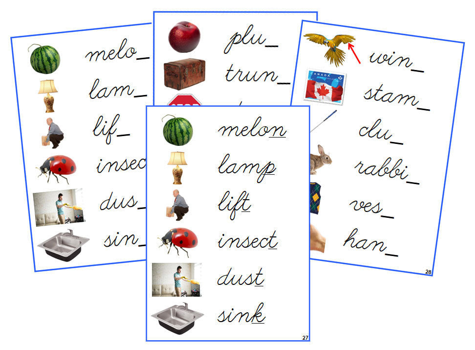 Montessori Blue Ending Sound Cards (photos) - CURSIVE - Montessori Print Shop phonics lesson