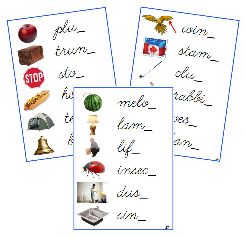 Blue Ending Sound Cards (photos) - CURSIVE - Montessori Print Shop phonics lesson