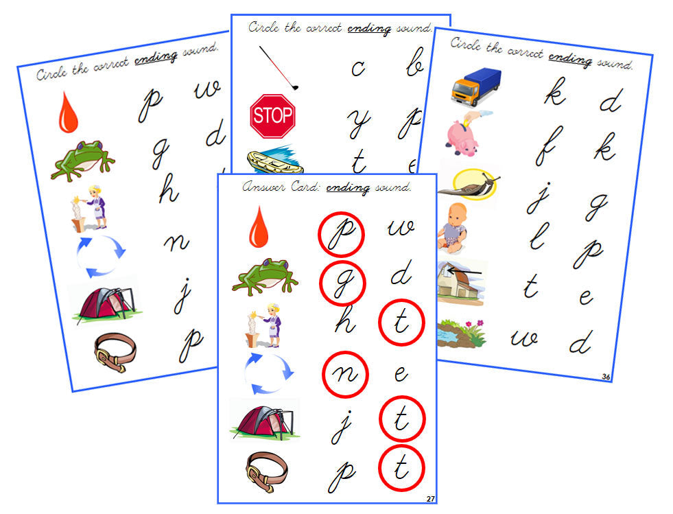 Montessori Blue Ending Sound Choice Cards - CURSIVE - Montessori Print Shop phonics lesson