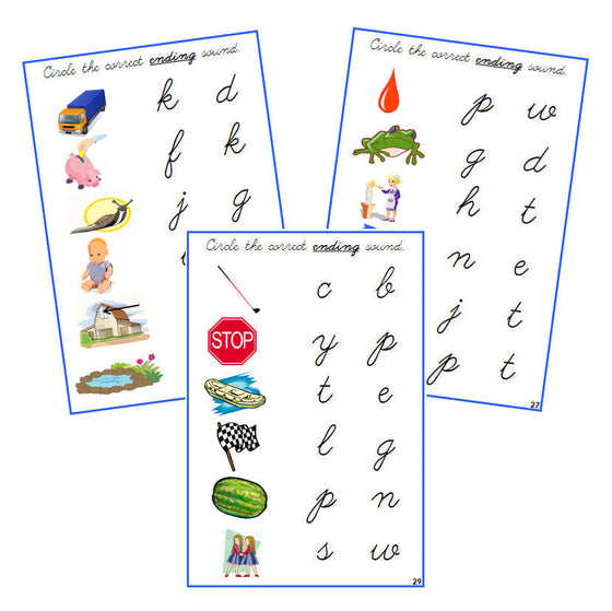 Blue Ending Sound Choice Cards - CURSIVE - Montessori Print Shop phonics lesson