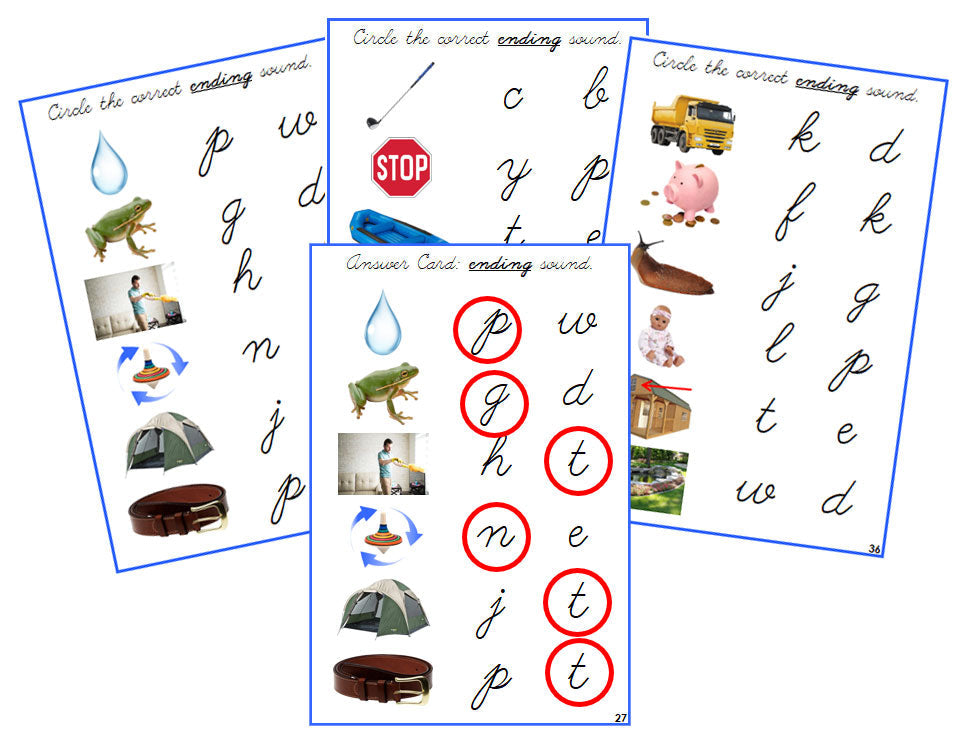 Montessori Blue Ending Sound Choice Cards (photos) - CURSIVE - Montessori Print Shop phonics lesson