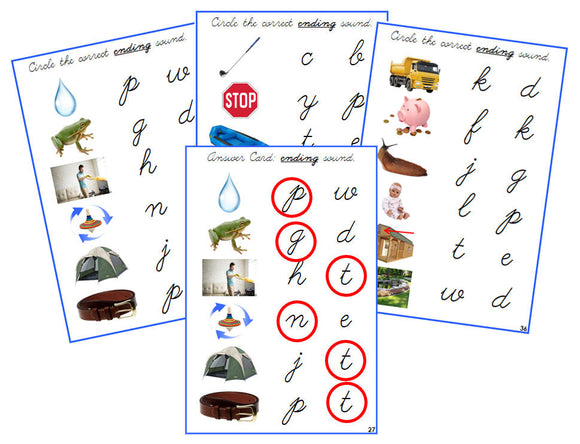 Montessori Blue Ending Sound Choice Cards (photos) - CURSIVE - Montessori Print Shop Digital Download phonics lesson