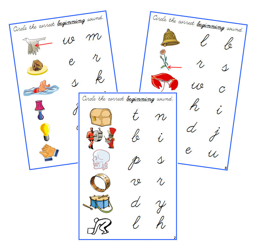 Blue Initial Sound Choice Cards - CURSIVE - Montessori Print Shop phonics lesson