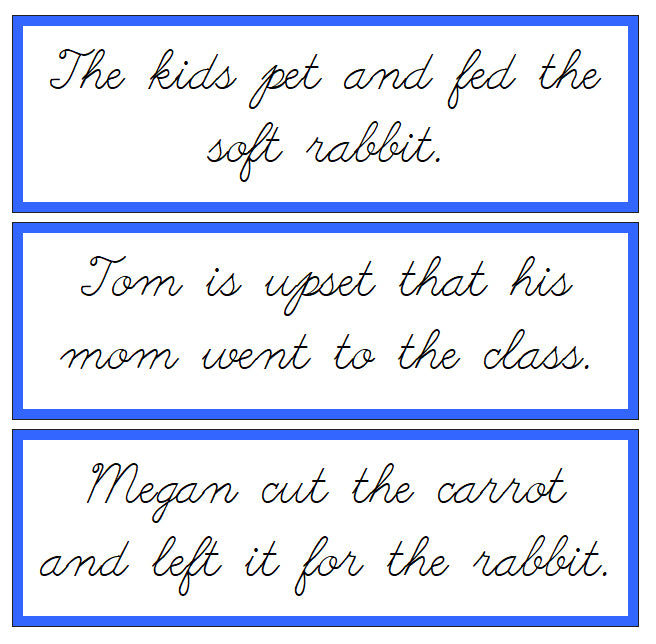 Blue Sentence Cards - Set 3 - CURSIVE - Montessori Print Shop Digital Download phonics lesson