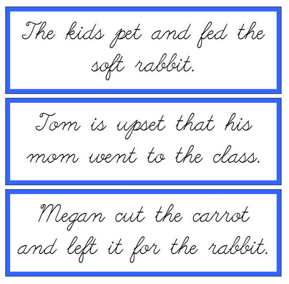 Blue Sentence Cards - Set 3 - CURSIVE - Montessori Print Shop phonics lesson