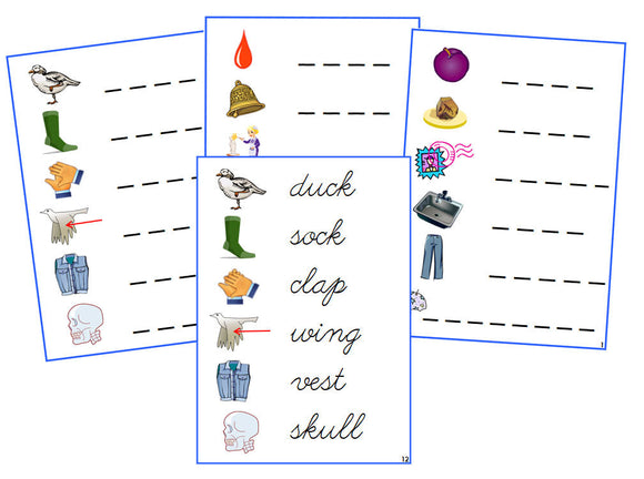 Montessori Blue Spelling Cards - CURSIVE - Montessori Print Shop phonics lesson