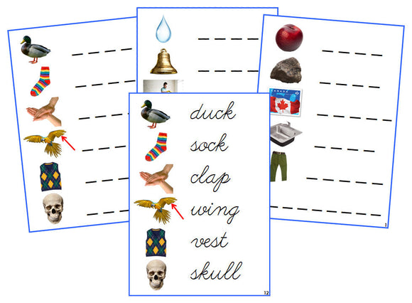 Montessori Blue Spelling Cards (photos) - CURSIVE - Montessori Print Shop phonics lesson