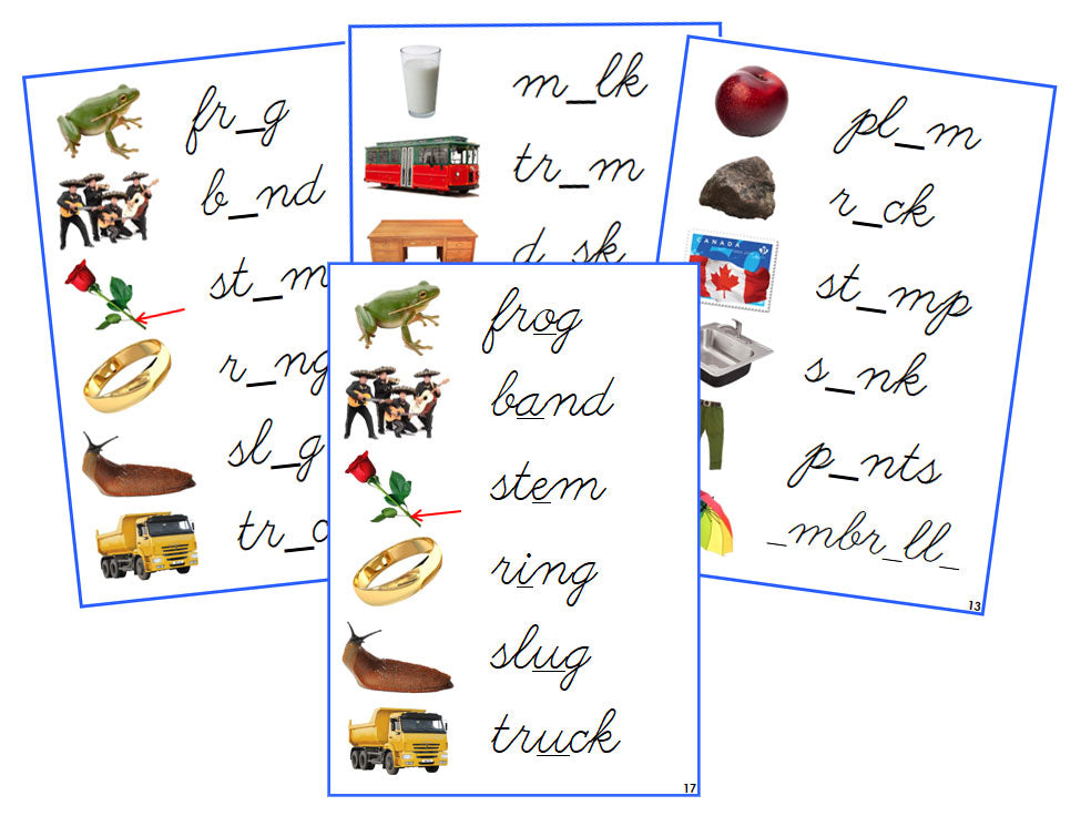 Montessori Blue Vowel Sound Cards (photos) - CURSIVE - Montessori Print Shop phonics lesson