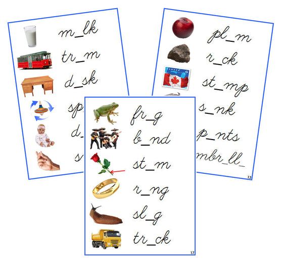 Blue Vowel Sound Cards (photos) - CURSIVE - Montessori Print Shop phonics lesson