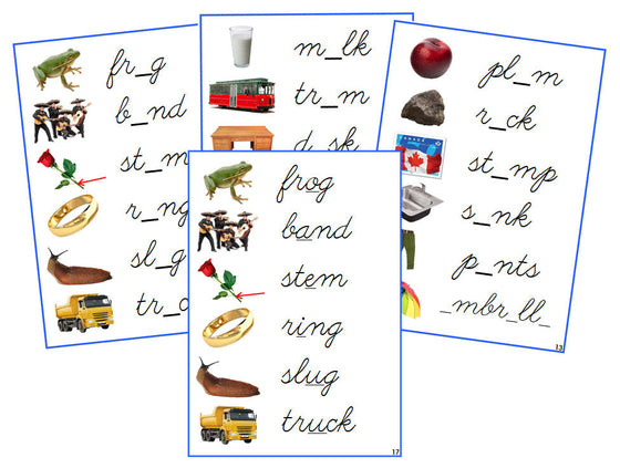 Montessori Blue Vowel Sound Cards (photos) - CURSIVE - Montessori Print Shop phonics lesson