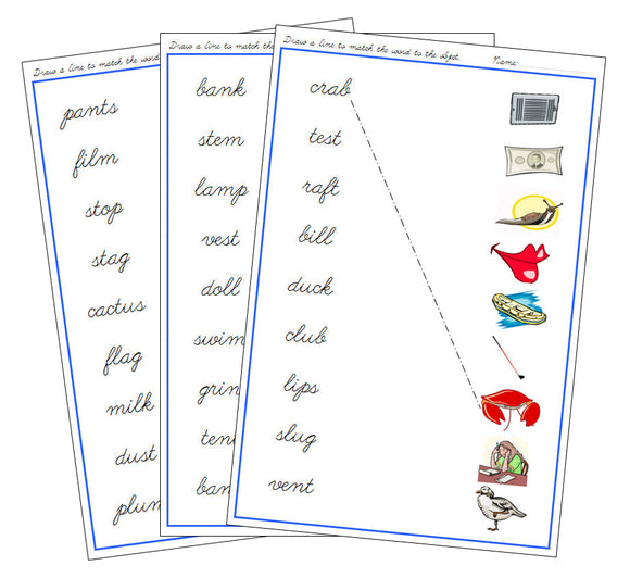 Blue Word & Picture Match - CURSIVE - Montessori Print Shop phonics lesson