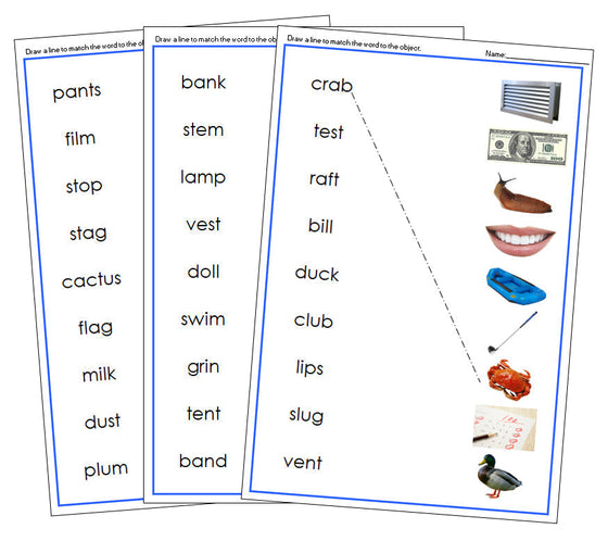 Blue Word & Picture Match (photos) - Montessori Print Shop Digital Download phonetic language program