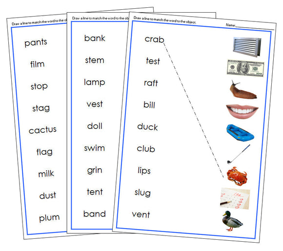 Blue Word & Picture Match (photos) - Montessori Print Shop Digital Download phonetic language program