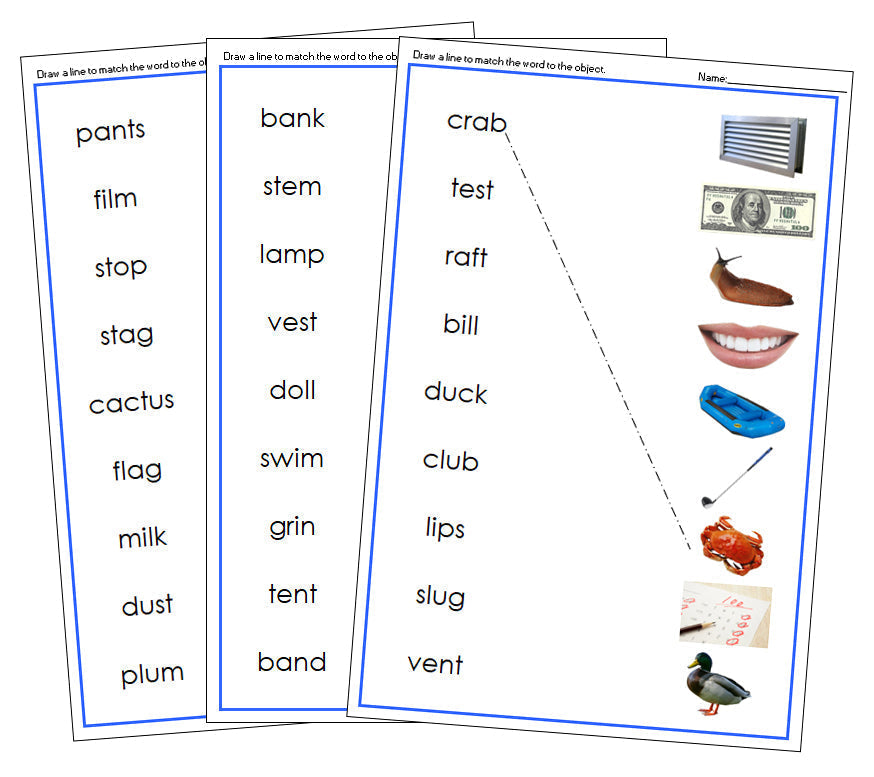 Blue Word & Picture Match (photos) - Montessori Print Shop Digital Download phonetic language program