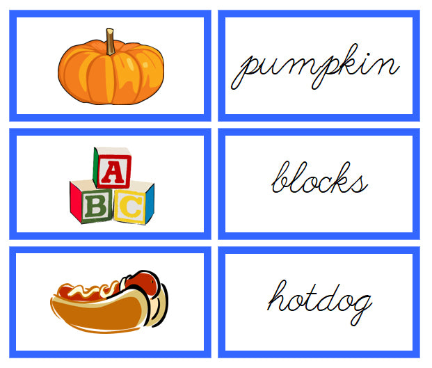 Blue Words & Picture Cards - CURSIVE - Montessori Print Shop Digital Download phonics lesson