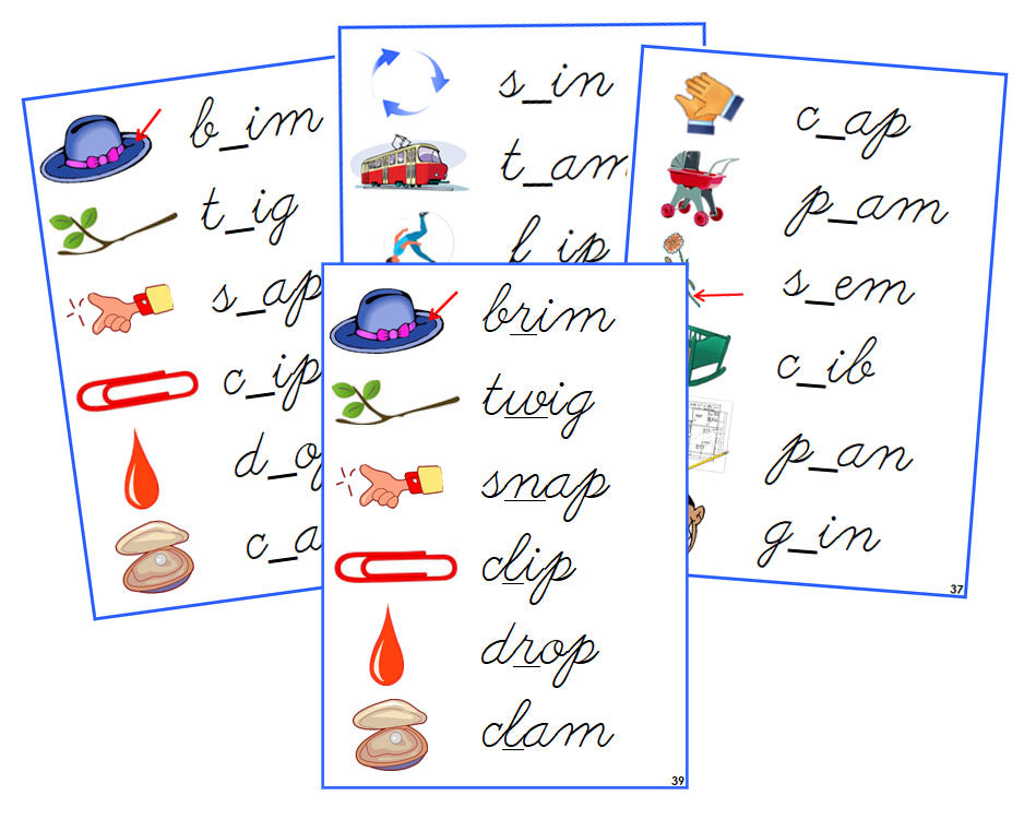 Montessori Blue CCVC Missing Consonant Cards - CURSIVE - Montessori Print Shop phonics lesson