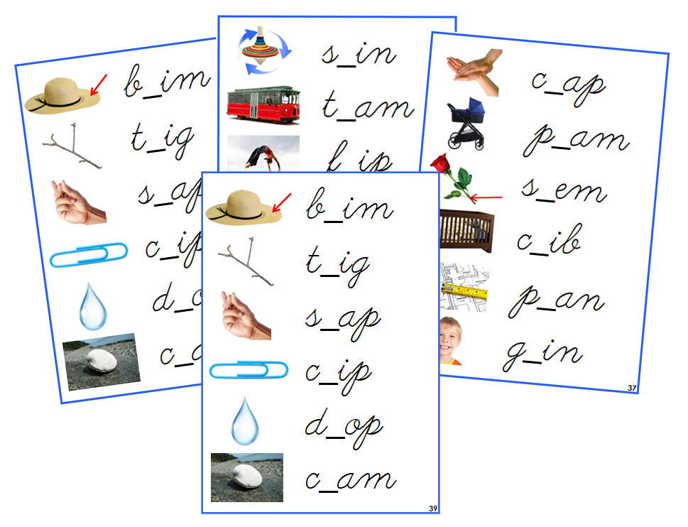 Montessori Blue CCVC Missing Consonant Cards (photos) - CURSIVE - Montessori Print Shop phonics lesson