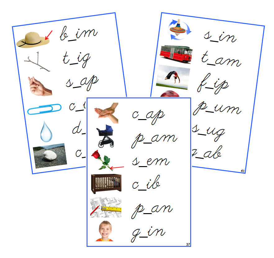 Blue CCVC Missing Consonant Cards (photos) - CURSIVE - Montessori Print Shop phonics lesson