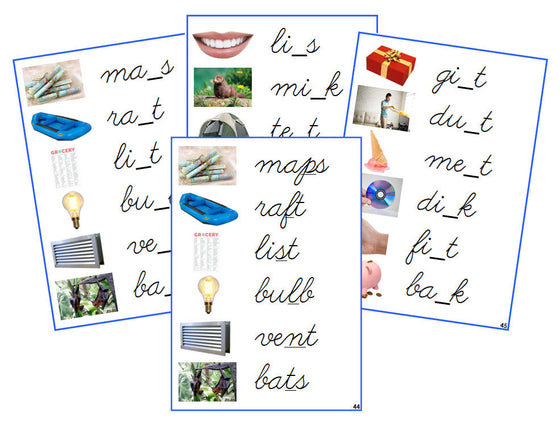 Montessori Blue CVCC Missing Consonant Cards (photos) - CURSIVE - Montessori Print Shop Digital Download phonics lesson