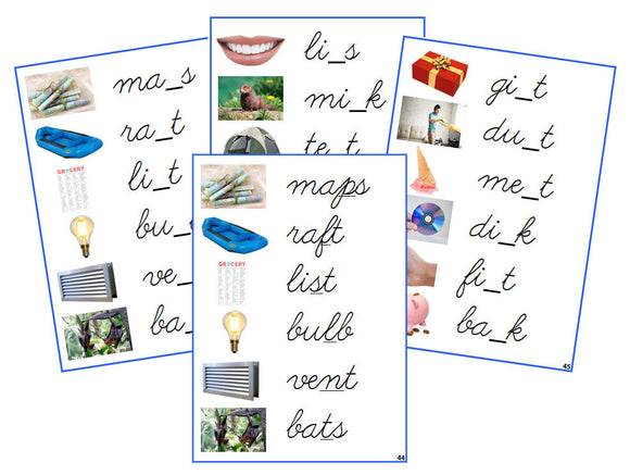 Montessori Blue CVCC Missing Consonant Cards (photos) - CURSIVE - Montessori Print Shop Digital Download phonics lesson
