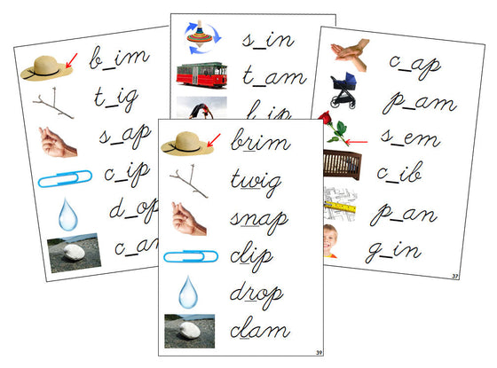 Montessori Step 2: CCVC Missing Consonant Cards (photos) - CURSIVE - Montessori Print Shop Digital Download phonics lesson