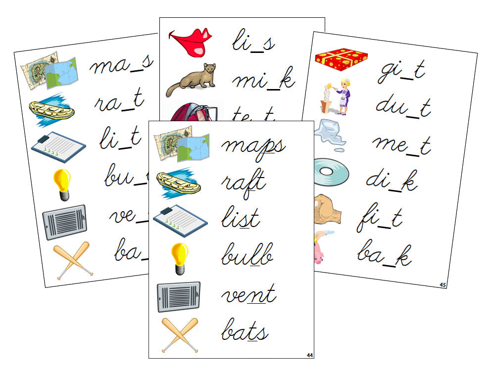 Montessori Step 2: CVCC Missing Consonant Cards - CURSIVE - Montessori Print Shop phonics lesson