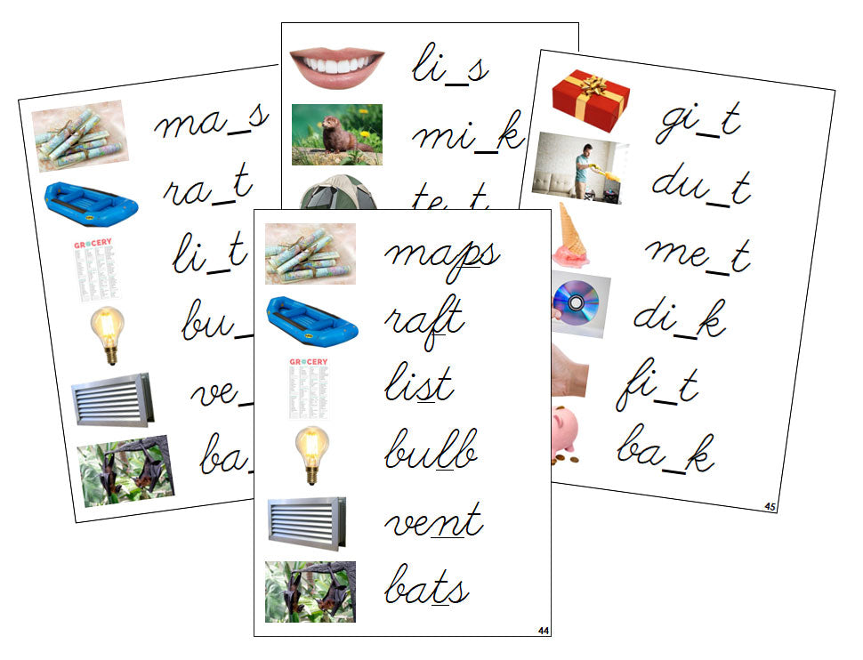 Montessori Step 2: CVCC Missing Consonant Cards (photos) - CURSIVE - Montessori Print Shop phonics lesson