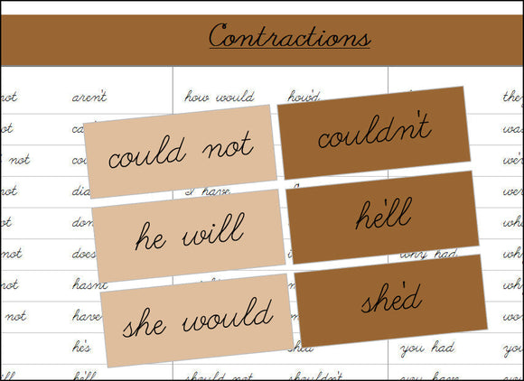 Contractions (color, cursive) - Montessori Print Shop Grammar Lesson