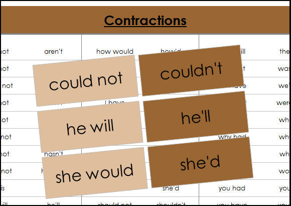 contraction word cards (color) - Montessori Print Shop Digital Download grammar