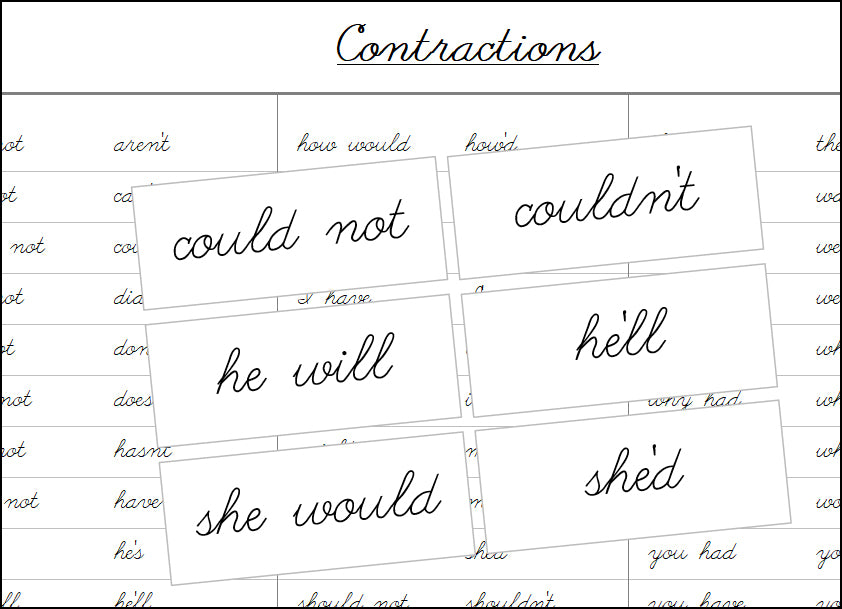 Contractions Matching Cards - Montessori Print Shop Digital Download Grammar Lessons