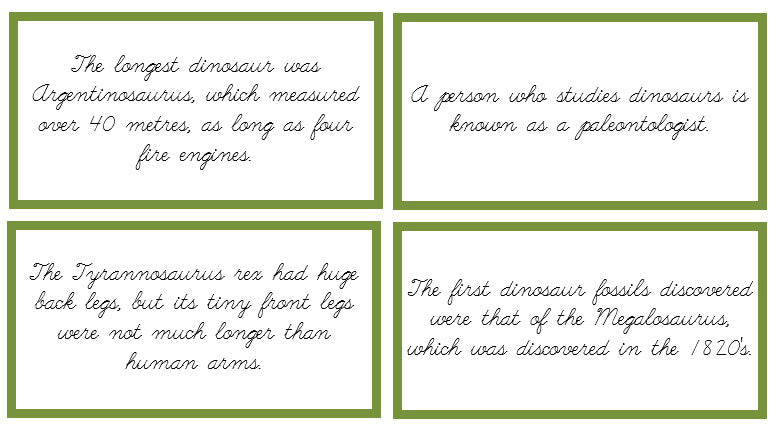 Dinosaur Fun Facts (color borders) Cursive - Montessori Print Shop Digital Download