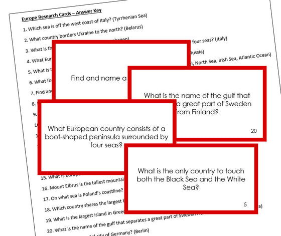 European Geography Research Cards (color-coded) - Montessori Print Shop geography cards