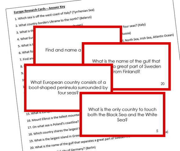 European Geography Research Cards (color-coded) - Montessori Print Shop geography cards