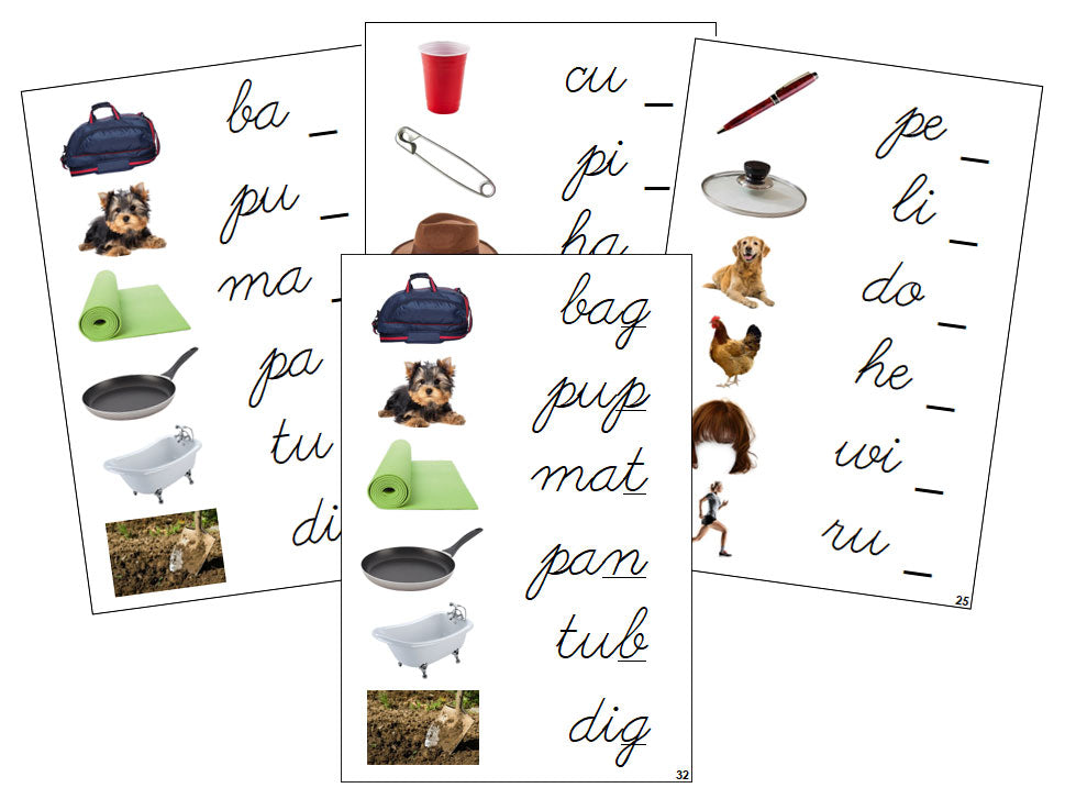 Montessori Step 1 Language Series Bundle (photos) - CURSIVE - Phonetic Ending Sound Cards - Montessori Print Shop Phonics Language Program