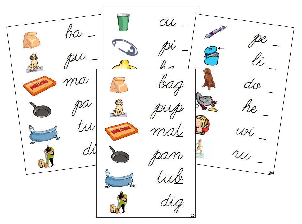 Montessori Step 1: Ending Sound Cards - CURSIVE - Montessori Print Shop phonics lesson