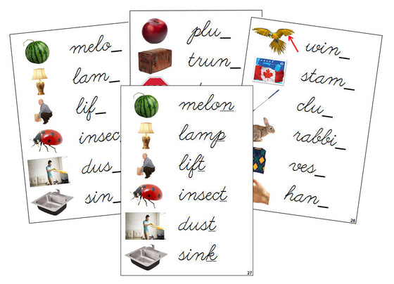 Montessori Step 2: Ending Sound Cards (photos) - CURSIVE - Montessori Print Shop phonics lesson