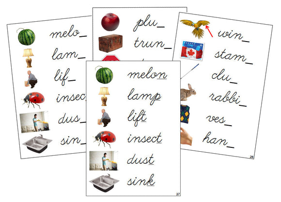 Montessori Step 2: Ending Sound Cards (photos) - CURSIVE - Montessori Print Shop phonics lesson