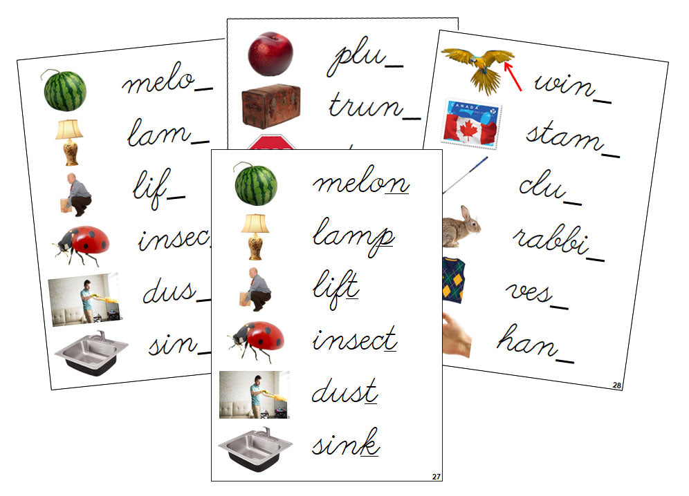 Montessori Step 2: Ending Sound Cards (photos) - CURSIVE - Montessori Print Shop phonics lesson