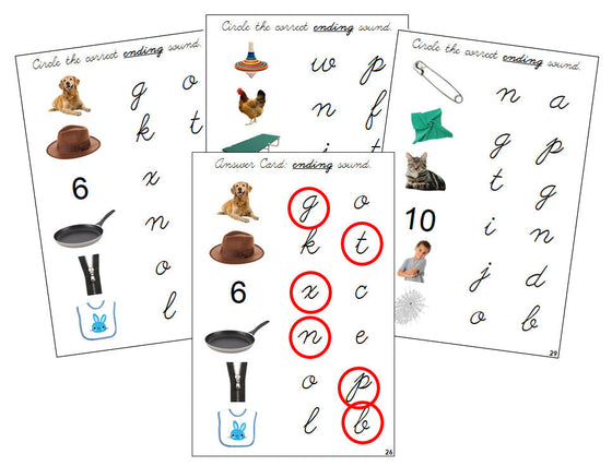 Montessori Step 1: Ending Sound Choice Cards (photos) - CURSIVE - Montessori Print Shop Digital Download phonics lesson